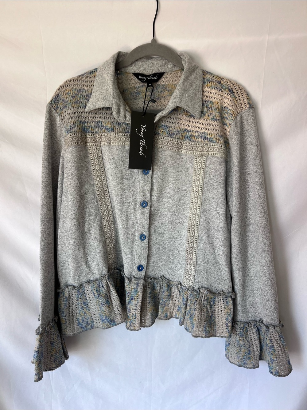 NWT Women’s YOUNG THREADS Grey Boho Knit Button Sweater